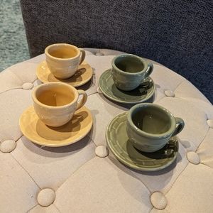 Longaberger Pottery small tea cups and saucers, green and yellow